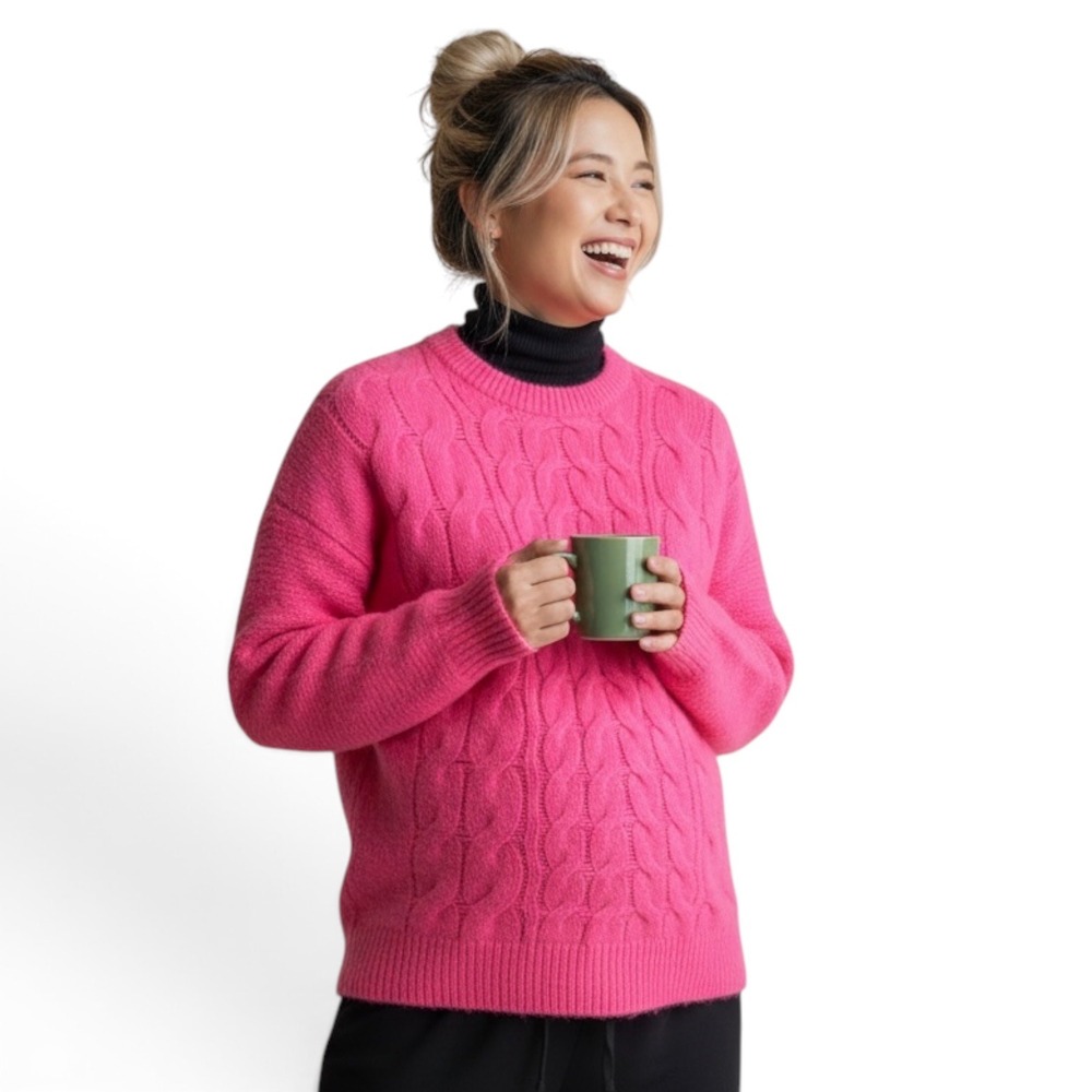 Autumn Cashmere Neon Pink Cable Knit 100% Pure Cashmere Crewneck Sweater Small